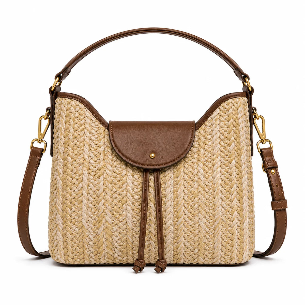 Woven Straw Bucket Bag Women's Raffia Hobo Handbag PU Leather Trim Gold-Tone Hardware Dual Carry OEM Custom Logo