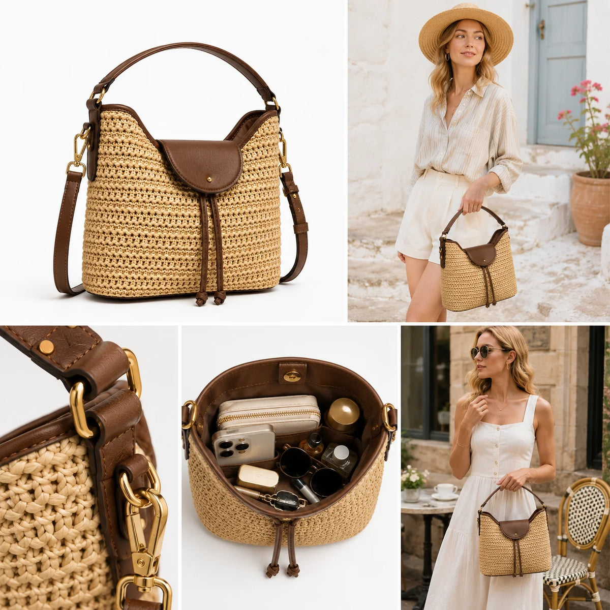 Woven Straw Bucket Bag Women's Raffia Hobo Handbag PU Leather Trim Gold-Tone Hardware Dual Carry OEM Custom Logo