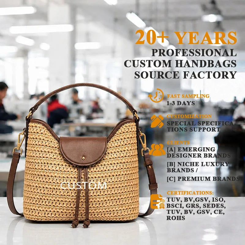 Woven Straw Bucket Bag Women's Raffia Hobo Handbag PU Leather Trim Gold-Tone Hardware Dual Carry OEM Custom Logo