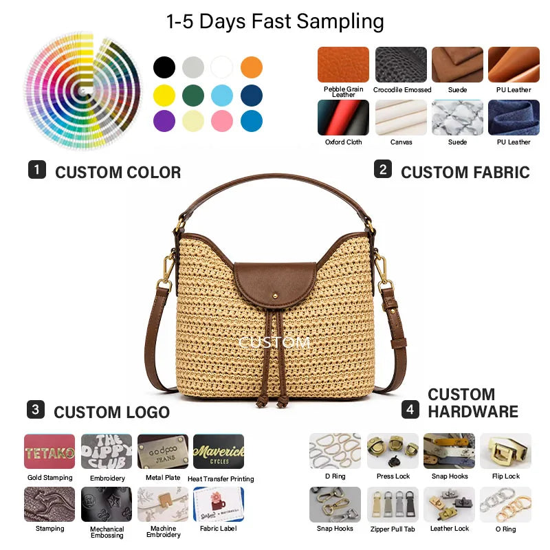 Woven Straw Bucket Bag Women's Raffia Hobo Handbag PU Leather Trim Gold-Tone Hardware Dual Carry OEM Custom Logo
