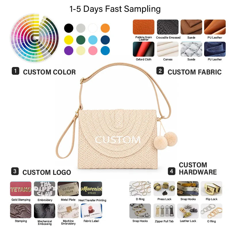 Woven Straw Flap Handbag, Concentric Weave + Pom-Pom Charm, Adjustable Strap Gold Hardware,OEM/ODM Factory Supply