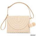 Woven Straw Flap Handbag, Concentric Weave + Pom-Pom Charm, Adjustable Strap Gold Hardware,OEM/ODM Factory Supply