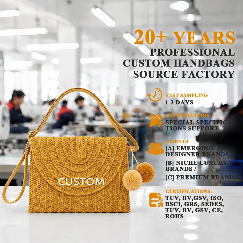 Woven Straw Flap Handbag, Concentric Weave + Pom-Pom Charm, Adjustable Strap Gold Hardware,OEM/ODM Factory Supply