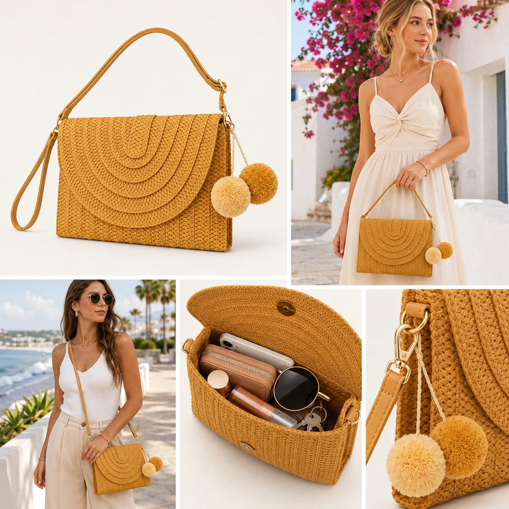 Woven Straw Flap Handbag, Concentric Weave + Pom-Pom Charm, Adjustable Strap Gold Hardware,OEM/ODM Factory Supply