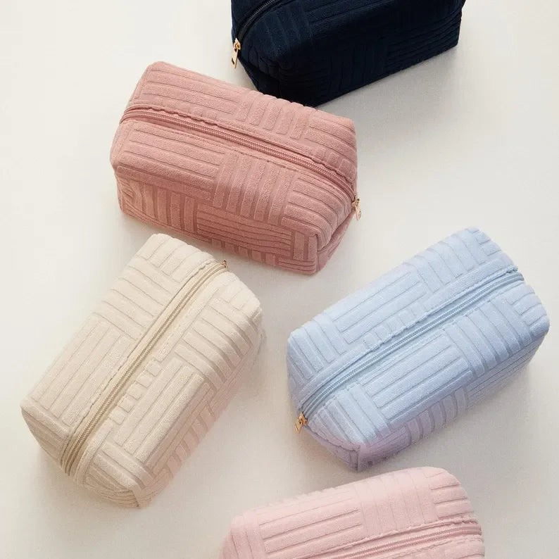 Zippered Travel Makeup Pouch Textured Terrycloth Toiletry Bag Daily Skincare Large Size Cosmetics Bag