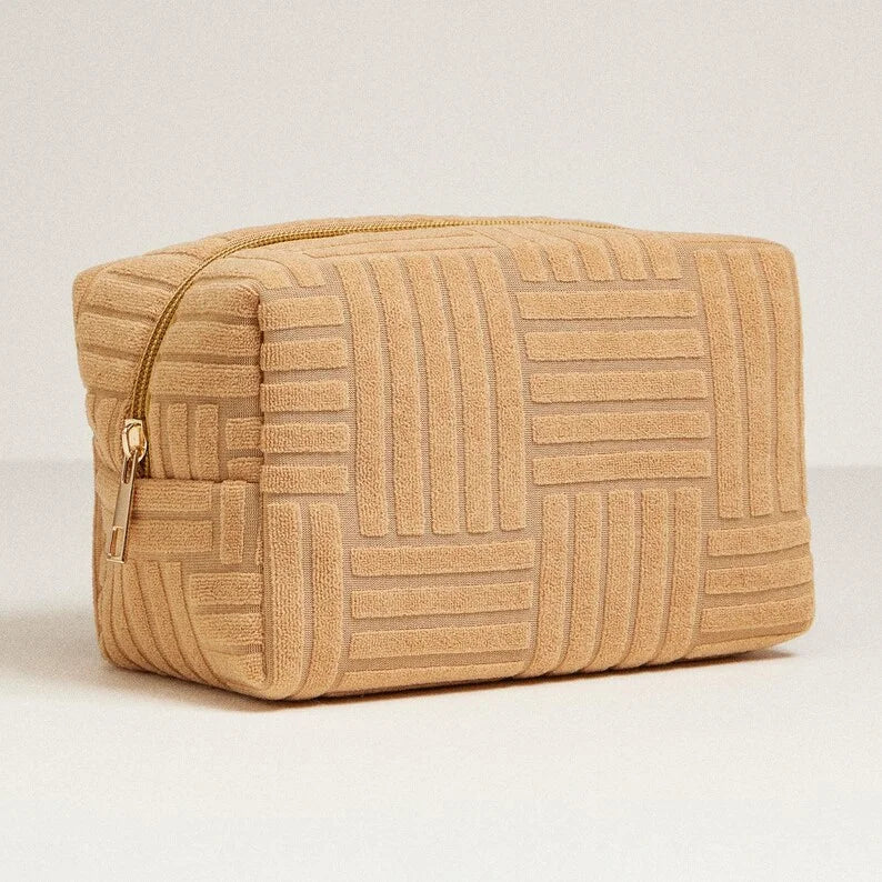 Zippered Travel Makeup Pouch Textured Terrycloth Toiletry Bag Daily Skincare Large Size Cosmetics Bag