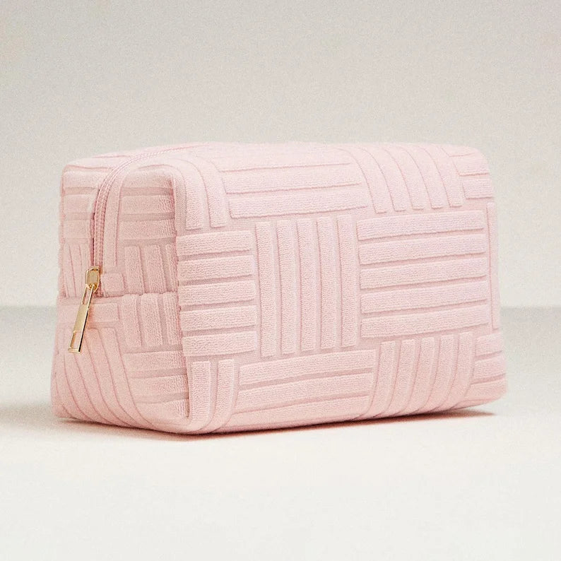 Zippered Travel Makeup Pouch Textured Terrycloth Toiletry Bag Daily Skincare Large Size Cosmetics Bag